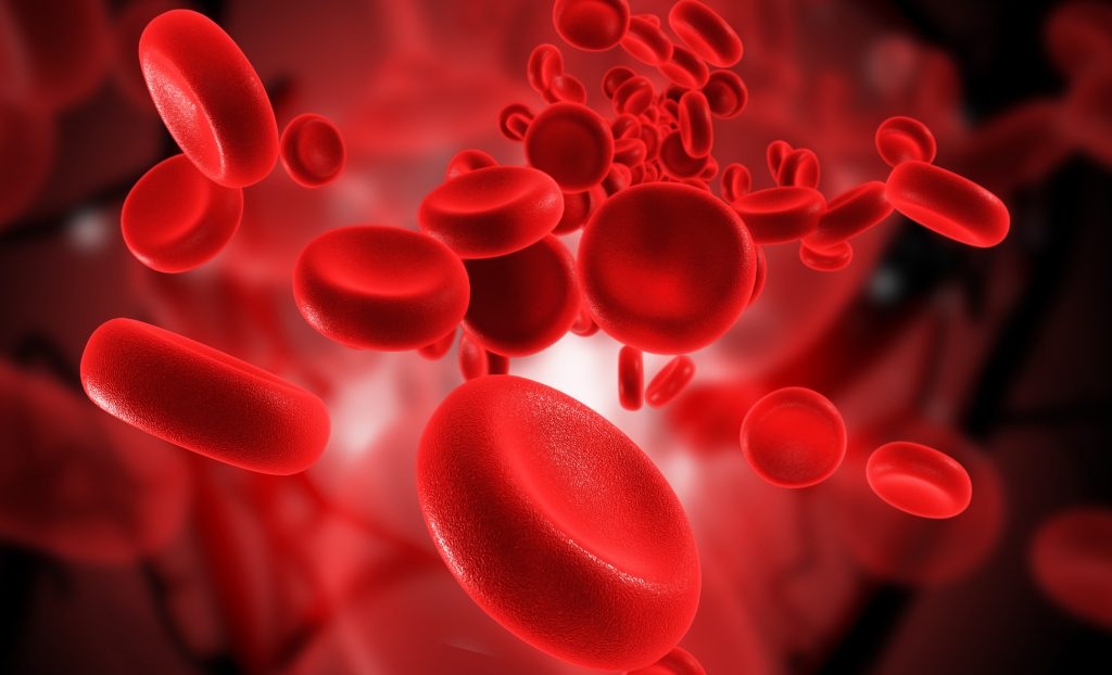 digital illustration of streaming blood cells in colour background